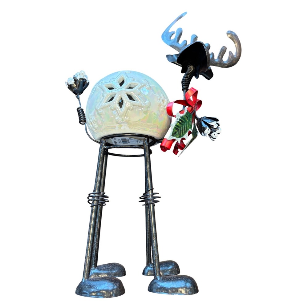 Pier 1 Imports‎ Christmas Reindeer Candle Holder Ceramic Lantern Metal Legs